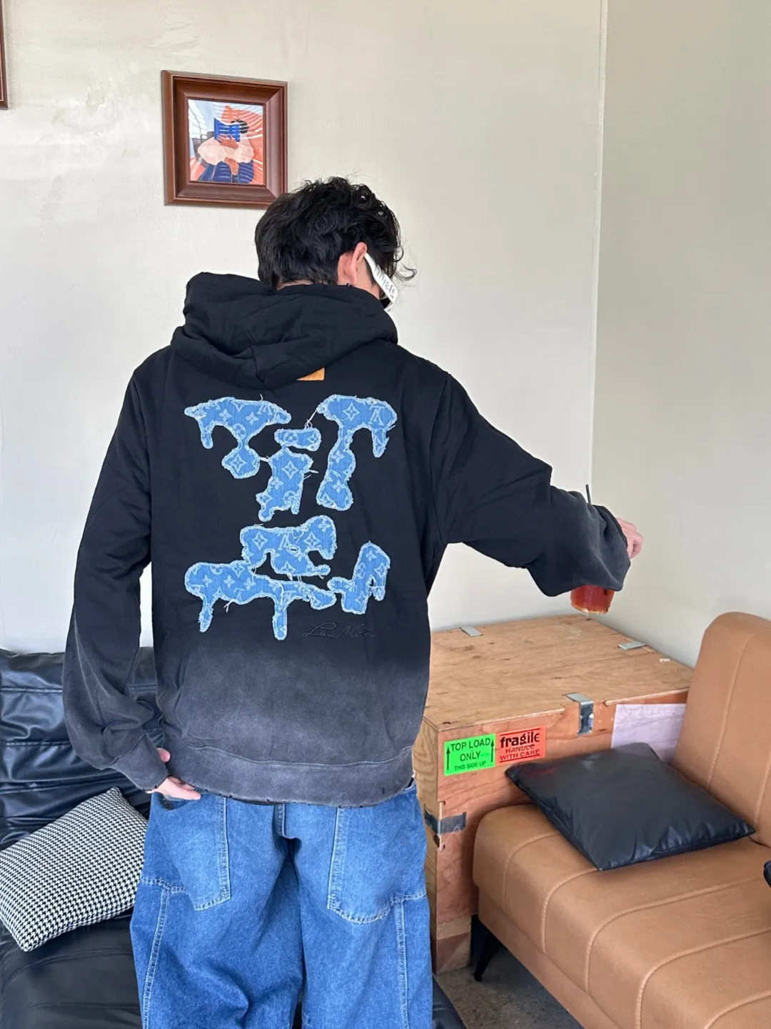 Louis Vuitton/Louis Vuitton cloud denim logo patch embroidery washed hooded sweatshirt